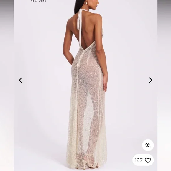 Zahya Lime Halter Backless Beaded Mesh Gown - Picture 3 of 7